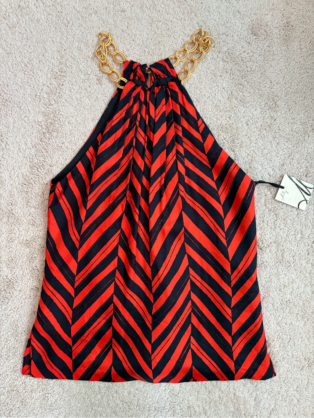 Milly of NY NWT Red Navy Chevron Stripe Gold Chain Keyhole Halter Top Size 2
